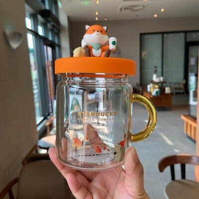 Starbucks Cup 2021 Autumn Maple Leaf Forest Cute Fox Glass Coffee Mug With Lid