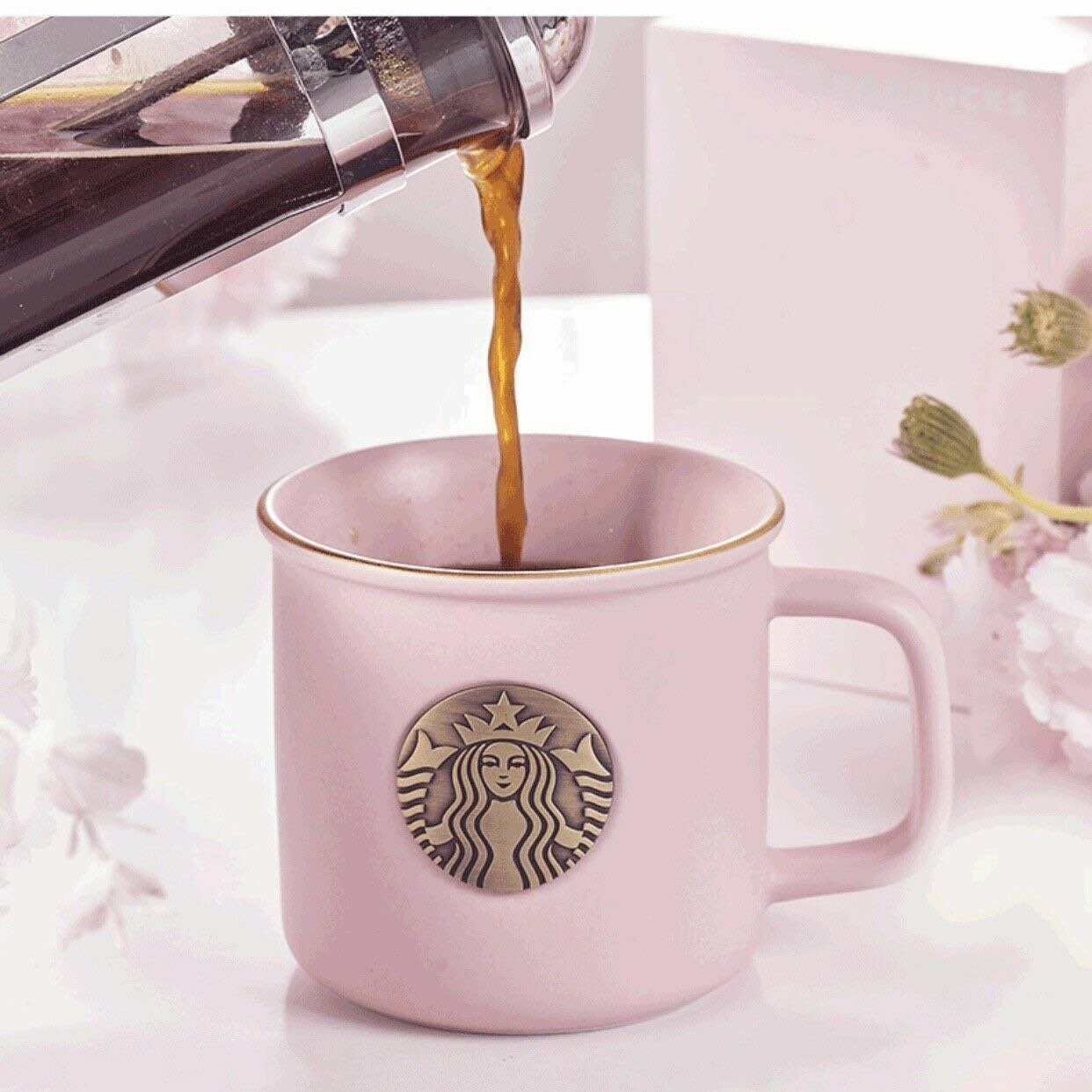 NEW Starbucks Pink Retro Bronze Seal Ceramic Cup Coffee Mug Office Cup 355ml
