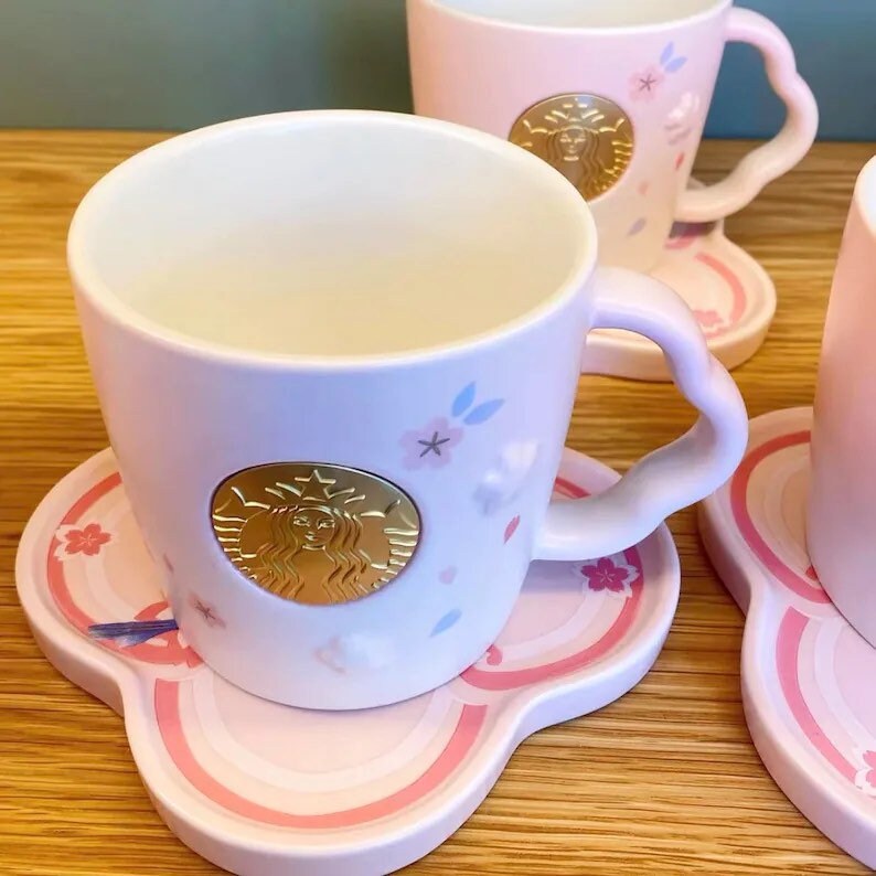 Starbucks 2022 Pink Sakura 12oz Ceramic Cup with Coaster Set . Trendy gift ideas. Limited Edition. For Sakura lovers. Starbucks Collections