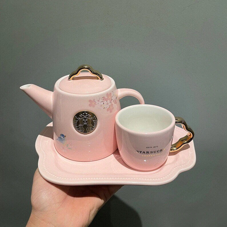 Starbuck 22 Spring Cherry Blossom Cup Sakura Ruyi Birds Floral Ceramic Coffee Mark Water Cup Teapot Plate Saucer Starbucks Set