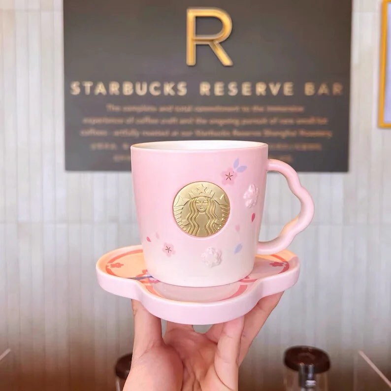Starbucks 2022 Pink Sakura 12oz Ceramic Cup with Coaster Set . Trendy gift ideas. Limited Edition. For Sakura lovers. Starbucks Collections