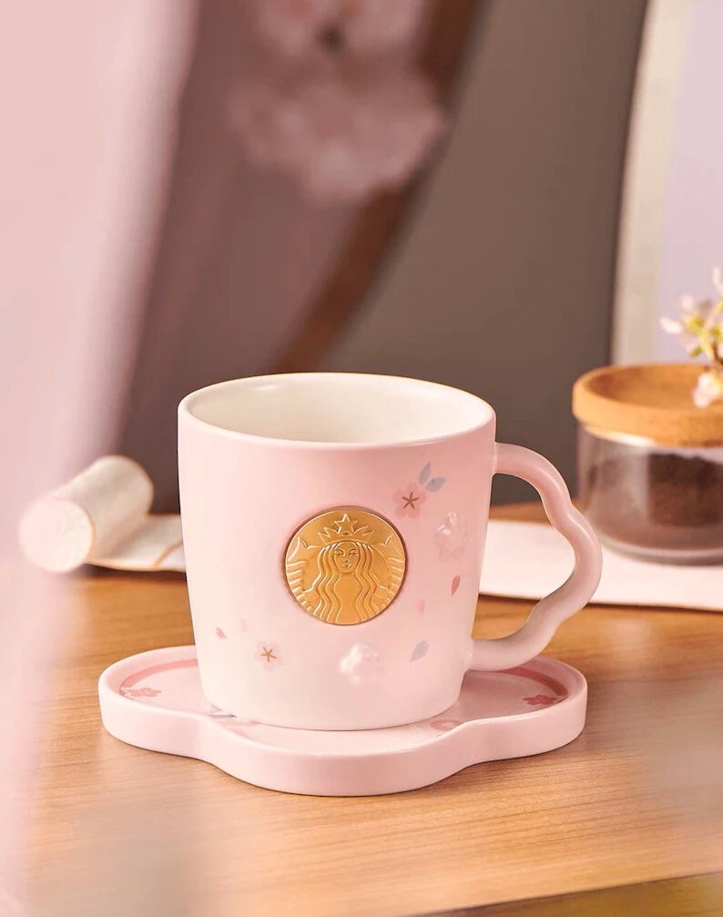 Starbucks 2022 Pink Sakura 12oz Ceramic Cup with Coaster Set . Trendy gift ideas. Limited Edition. For Sakura lovers. Starbucks Collections