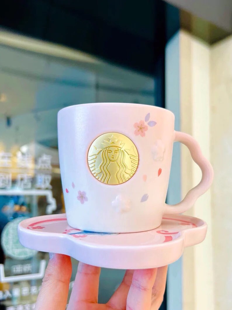 Starbucks 2022 Pink Sakura 12oz Ceramic Cup with Coaster Set . Trendy gift ideas. Limited Edition. For Sakura lovers. Starbucks Collections