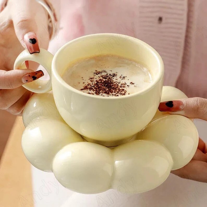 Ceramic Cappuccino Coffee Cup And Saucer Set Flower Shape Reusable Personalized Breakfast Tea Milk Espresso Mug