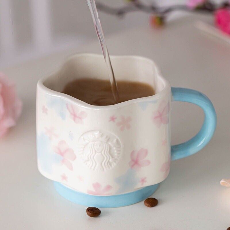 Starbucks 2022 Spring Season Romantic Flower Blue 12oz Mug Coffee Cup + Cherry Blossom Stirrer. Can come as set
