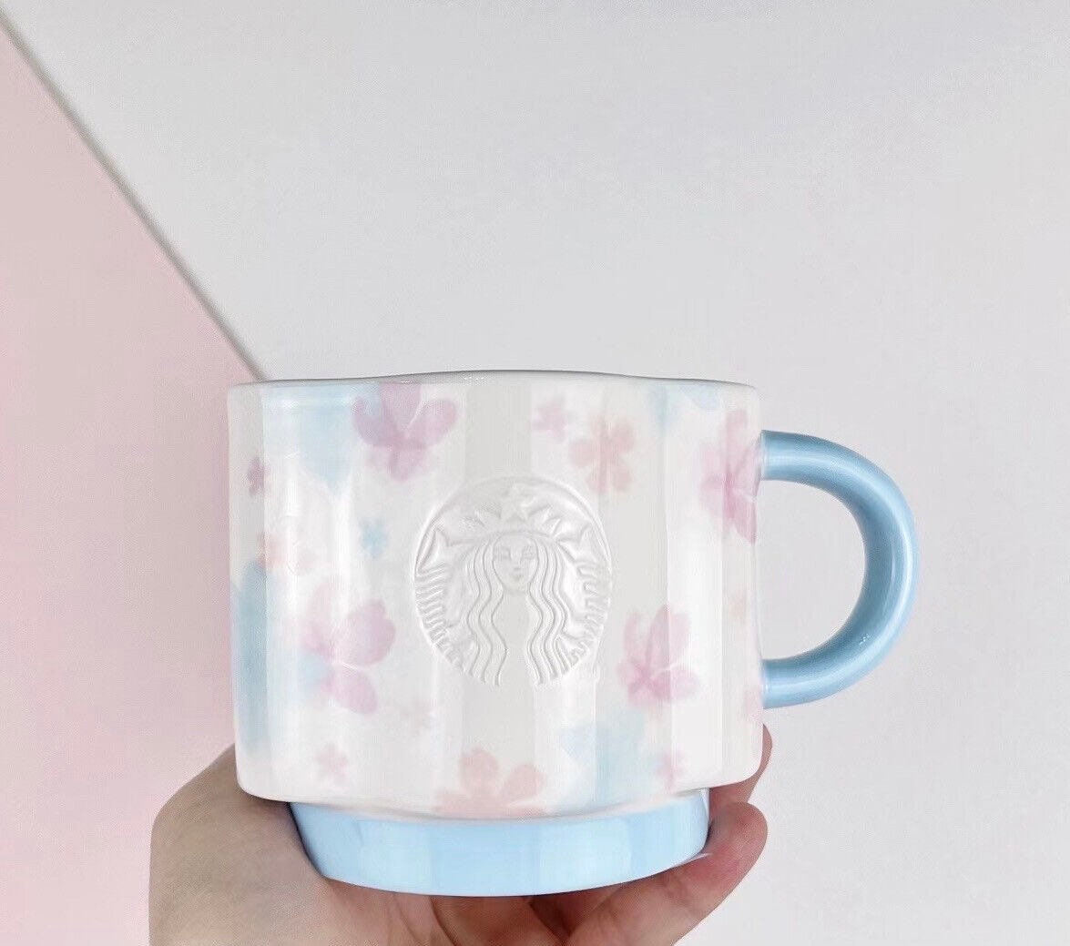 Starbucks 2022 Spring Season Romantic Flower Blue 12oz Mug Coffee Cup + Cherry Blossom Stirrer. Can come as set