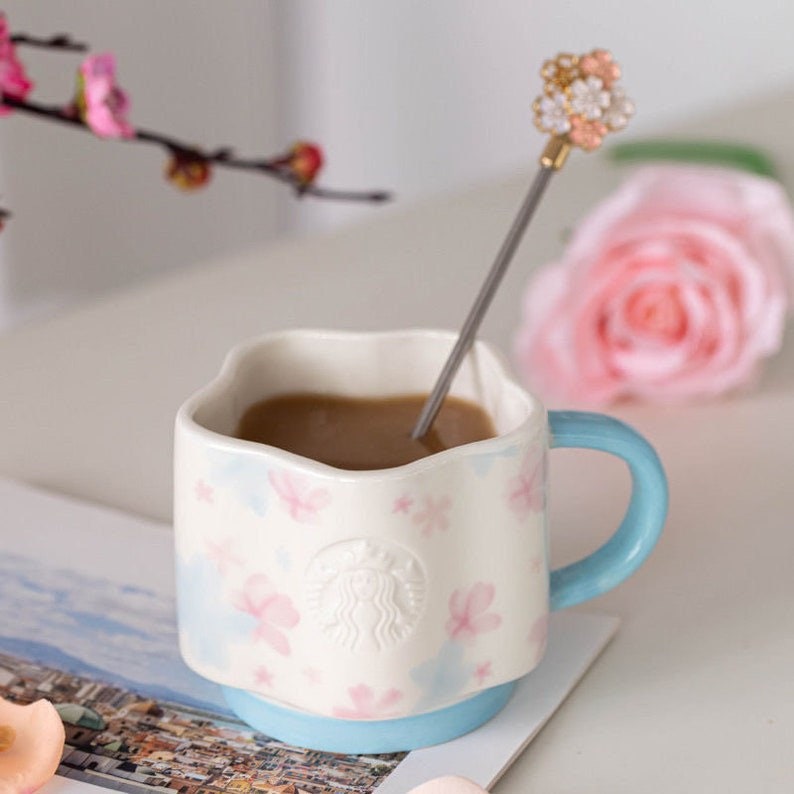 Starbucks 2022 Spring Season Romantic Flower Blue 12oz Mug Coffee Cup + Cherry Blossom Stirrer. Can come as set