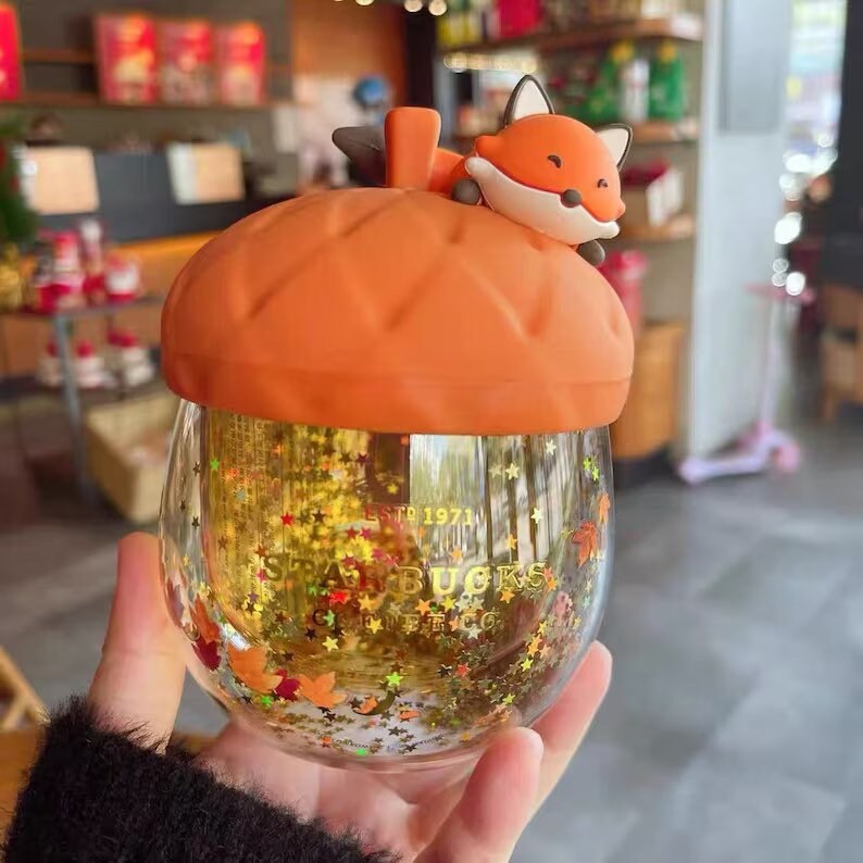 Starbucks Acorn and Fox Glitter Glass Cup Autumn Forest Edition