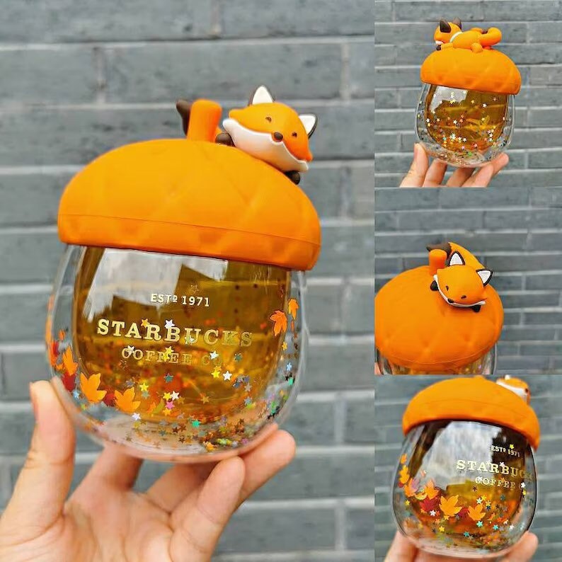 Starbucks Acorn and Fox Glitter Glass Cup Autumn Forest Edition