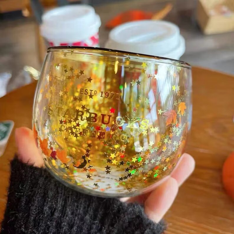 Starbucks Acorn and Fox Glitter Glass Cup Autumn Forest Edition