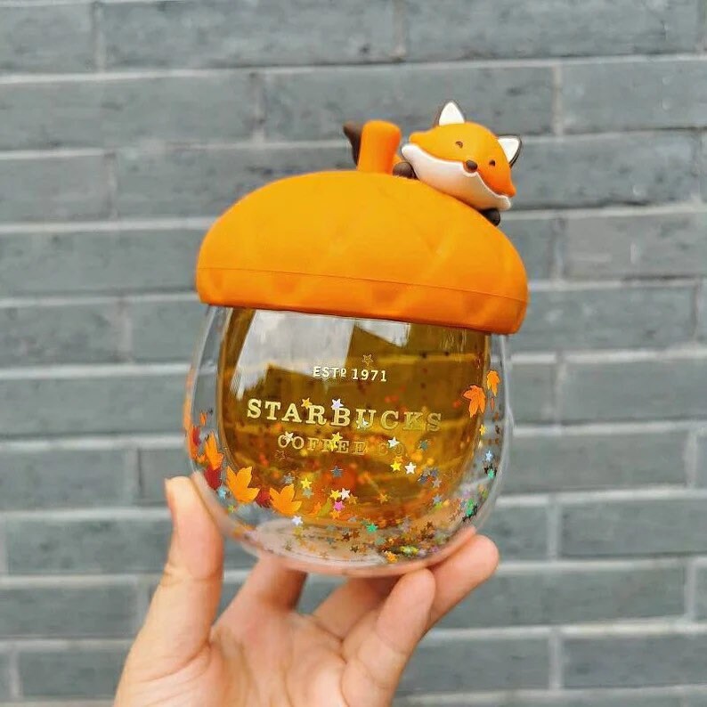 Starbucks Acorn and Fox Glitter Glass Cup Autumn Forest Edition