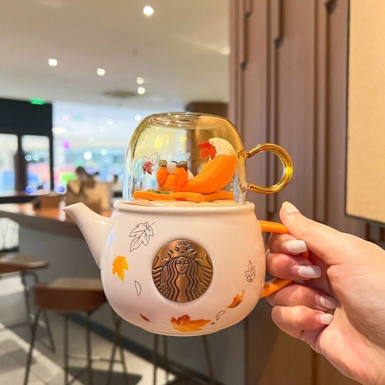Starbucks Cup 2022 Autumn Forest Fox Teapot with a Glass Cup Halloween. Ceramics Teapot Glass Tea Cup Collectors Mug 6oz 16oz 190 ml 490 ml