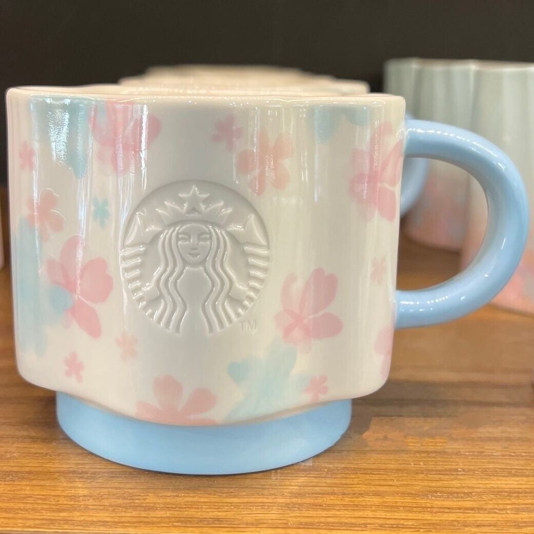 Starbucks 2022 Spring Season Romantic Flower Blue 12oz Mug Coffee Cup + Cherry Blossom Stirrer. Can come as set