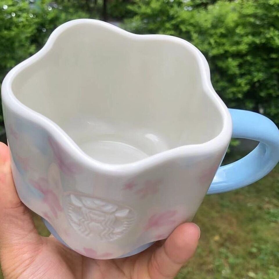 Starbucks 2022 Spring Season Romantic Flower Blue 12oz Mug Coffee Cup + Cherry Blossom Stirrer. Can come as set