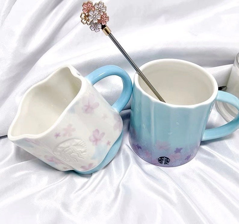 Starbucks Sakura Pink and Baby Blue Coffee Mug Collectors Mug 12oz 355 ml + Cherry Blossom Stirrer. Can come as set