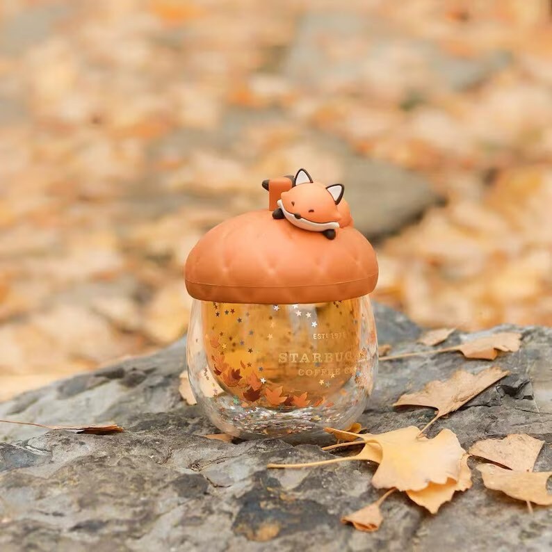 Starbucks Acorn and Fox Glitter Glass Cup Autumn Forest Edition