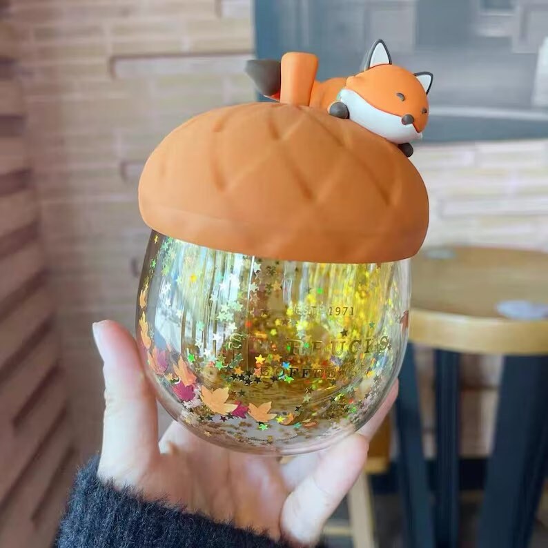 Starbucks Acorn and Fox Glitter Glass Cup Autumn Forest Edition
