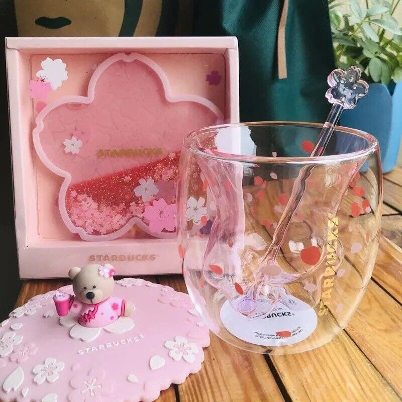 4 pieces starbucks Set in a Rare Limited Starbucks edition Pink Cat paw mug, holographic paw mug. Cat paw glass gift ideas
