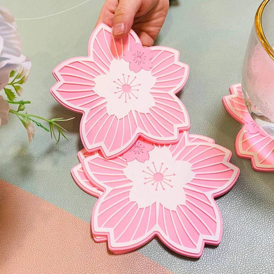 Cherry Blossom Cup Coasters | Silicone Coasters Pink Sakura Coaster Kawaii Cup Cute Coasters for Desk Drink Table Decor Coffee Cup Mat