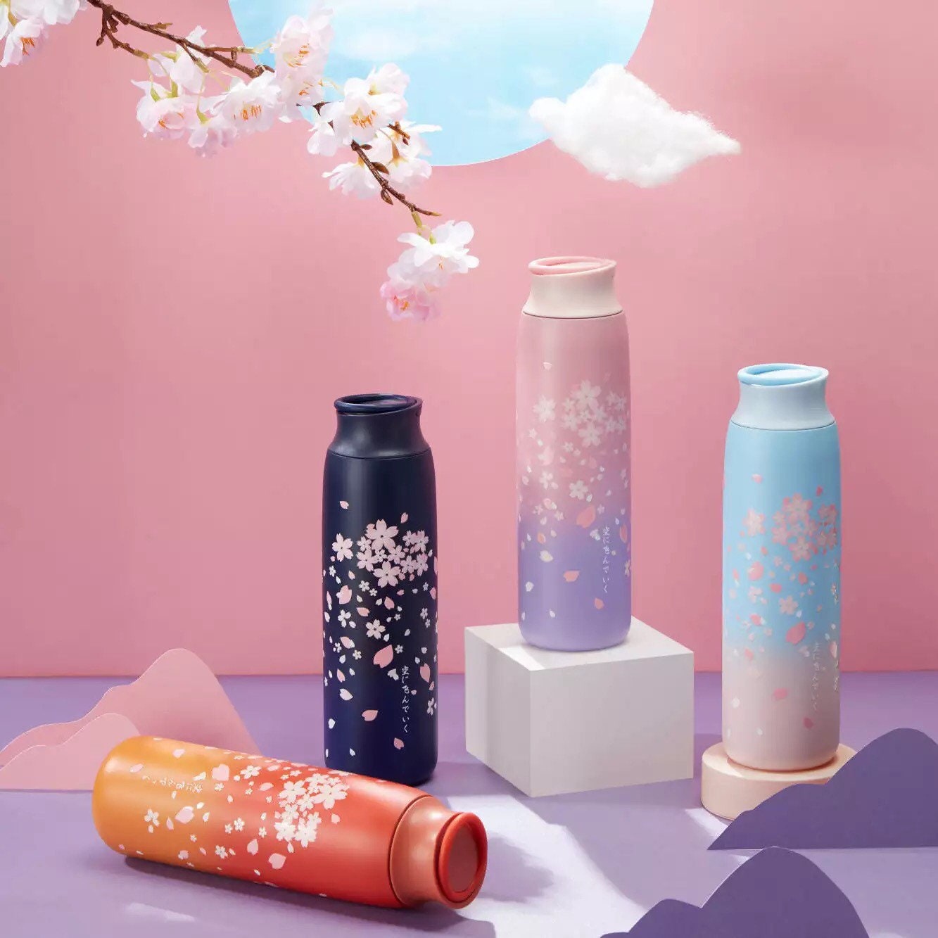 Japanese Style Sakura Portable Thermos Insulated Cup 304 Stainless Steel Vacuum Thermos Travel Coffee Mug Cherry Blossom Tumbler hot or cold