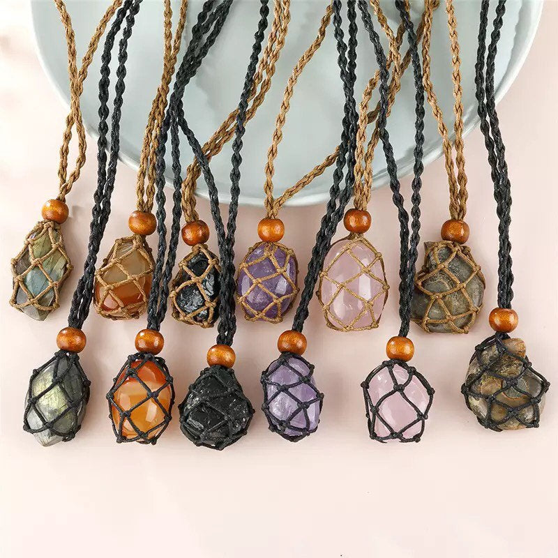 Crystal Cage Necklace Holder. Necklace Cord Empty Stone Holder Pendant Stone Holder Replacement Hand-Woven Necklace Cord with Adjustable
