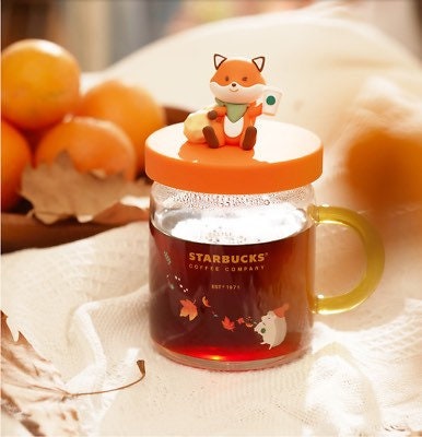 Starbucks Cup 2021 Autumn Maple Leaf Forest Cute Fox Glass Coffee Mug With Lid