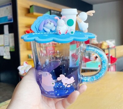 Starbucks Mid-Autumn Moon Rabbit Tasting Coffee Gradient Blue W/Crystal Handle Set