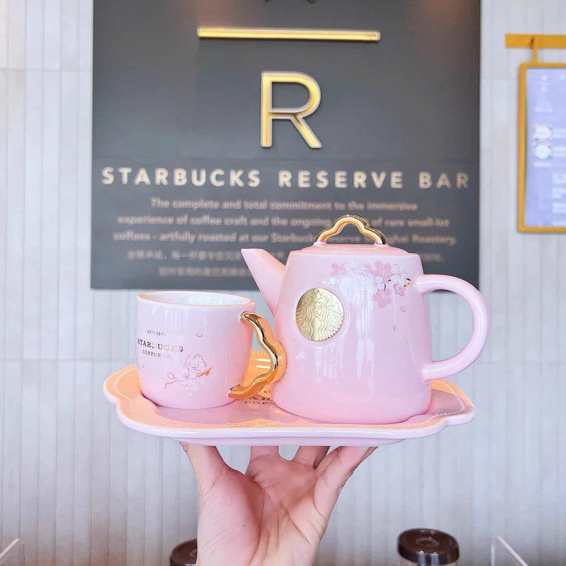 Starbuck 22 Spring Cherry Blossom Cup Sakura Ruyi Birds Floral Ceramic Coffee Mark Water Cup Teapot Plate Saucer Starbucks Set