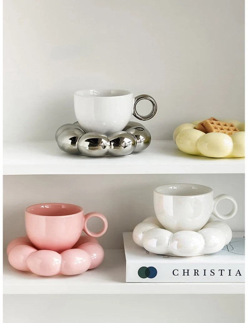 Ceramic Cappuccino Coffee Cup And Saucer Set Flower Shape Reusable Personalized Breakfast Tea Milk Espresso Mug