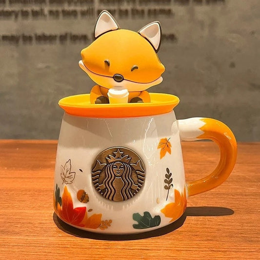 Starbucks autumn maple leaf cute fox Mermaid copper chapter cup acorn relief cartoon ceramic coffee mug with cover