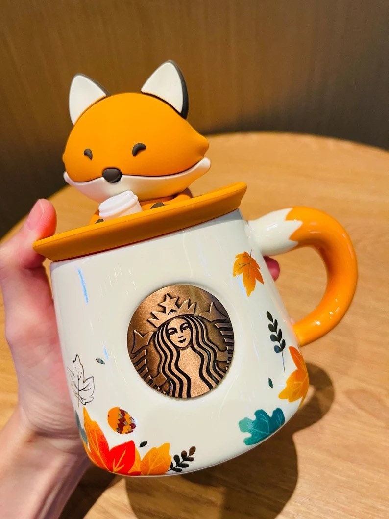 Starbucks autumn maple leaf cute fox Mermaid copper chapter cup acorn relief cartoon ceramic coffee mug with cover
