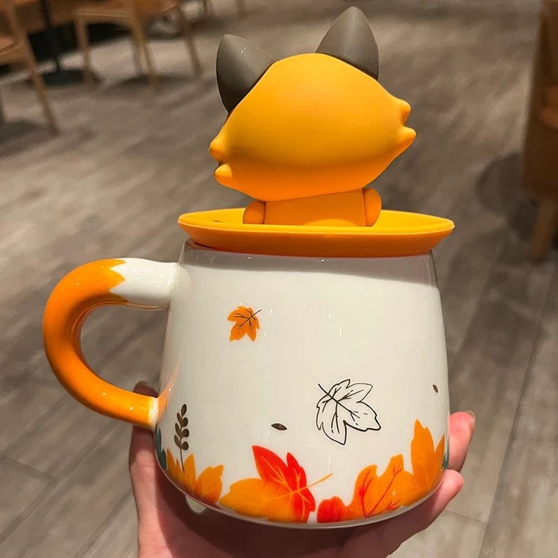 Starbucks autumn maple leaf cute fox Mermaid copper chapter cup acorn relief cartoon ceramic coffee mug with cover