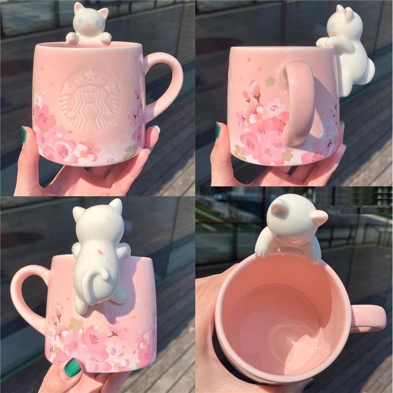 Starbucks Cute Pink Sakura Cat Coffee Mug Cups | New Gift Set