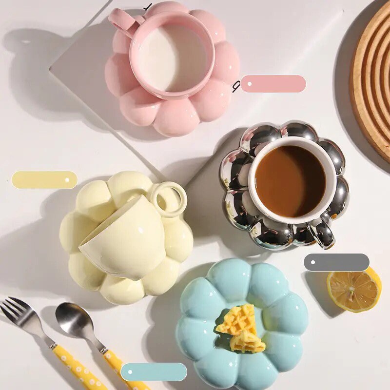 Ceramic Cappuccino Coffee Cup And Saucer Set Flower Shape Reusable Personalized Breakfast Tea Milk Espresso Mug