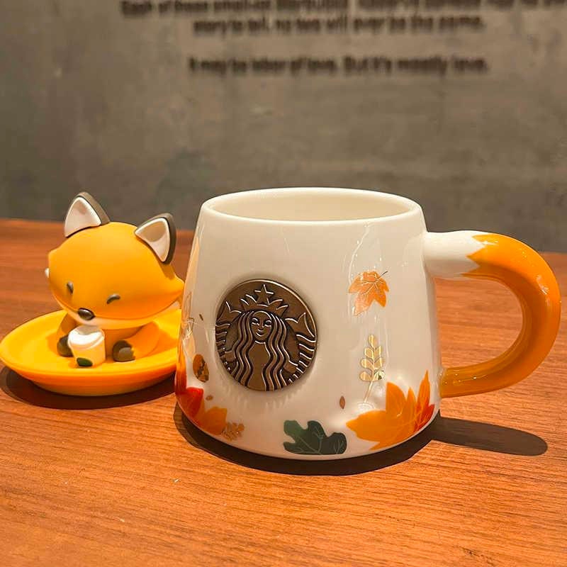 Starbucks autumn maple leaf cute fox Mermaid copper chapter cup acorn relief cartoon ceramic coffee mug with cover