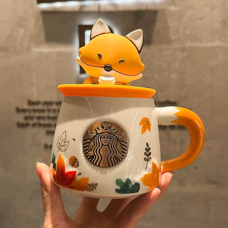 Starbucks autumn maple leaf cute fox Mermaid copper chapter cup acorn relief cartoon ceramic coffee mug with cover