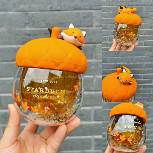 Starbucks Acorn and Fox Glitter Glass Cup Autumn Forest Edition