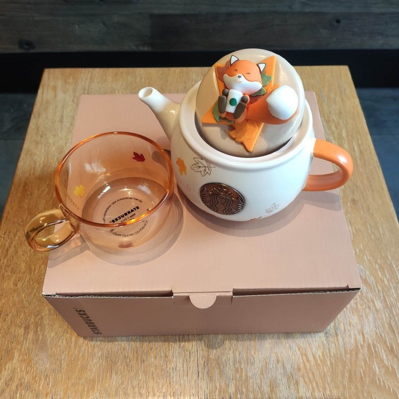Starbucks Cup 2022 Autumn Forest Fox Teapot with a Glass Cup Halloween. Ceramics Teapot Glass Tea Cup Collectors Mug 6oz 16oz 190 ml 490 ml