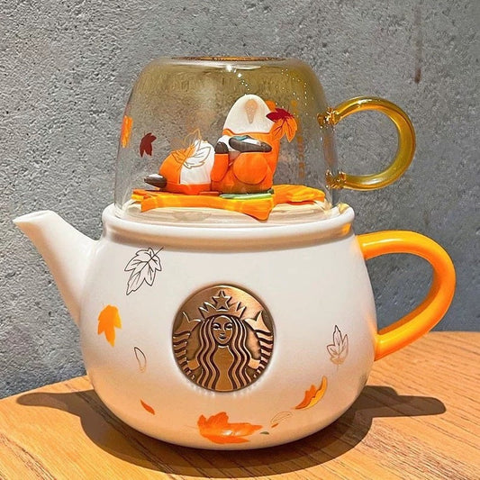 Starbucks Cup 2022 Autumn Forest Fox Teapot with a Glass Cup Halloween. Ceramics Teapot Glass Tea Cup Collectors Mug 6oz 16oz 190 ml 490 ml