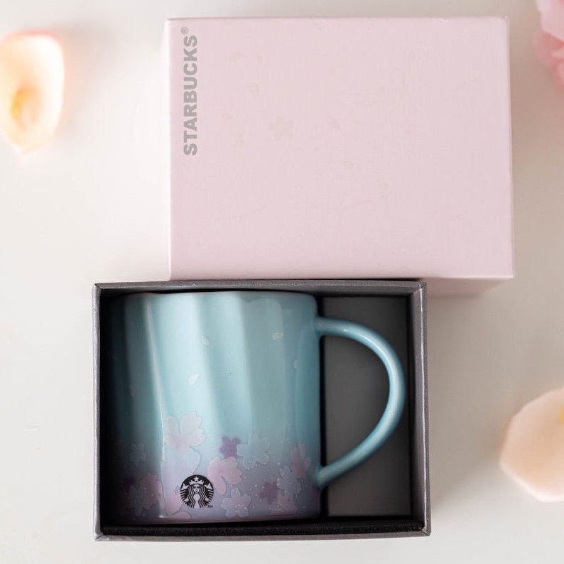 Starbucks Sakura Pink and Baby Blue Coffee Mug Collectors Mug 12oz 355 ml + Cherry Blossom Stirrer. Can come as set