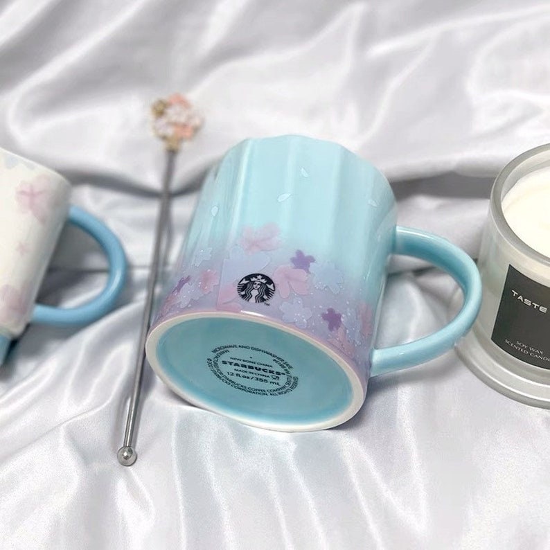 Starbucks Sakura Pink and Baby Blue Coffee Mug Collectors Mug 12oz 355 ml + Cherry Blossom Stirrer. Can come as set