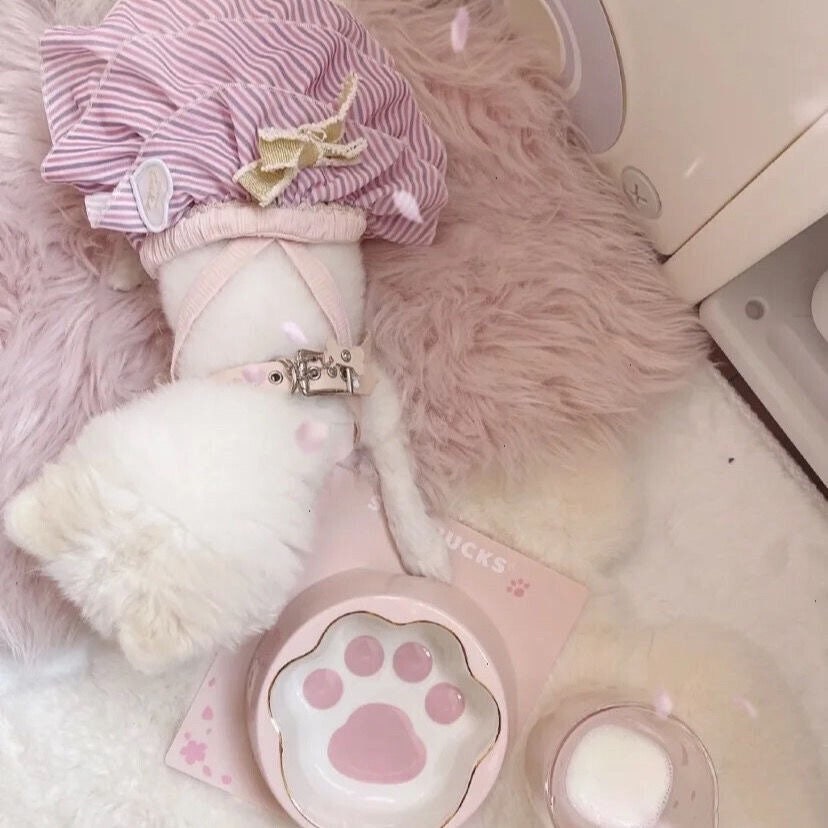 Starbucks Pet Bowl spot Cherry Blossom powder cat bowl drinking water bowl ceramic cat and dog products. Paw print Kawaii Pet Bowl