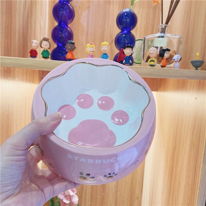 Starbucks Pet Bowl spot Cherry Blossom powder cat bowl drinking water bowl ceramic cat and dog products. Paw print Kawaii Pet Bowl