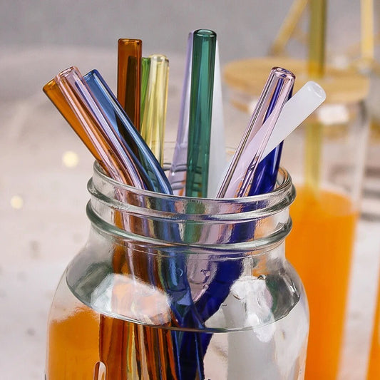 Handmade Reusable Glass Straws, Reusable Bent Glass Drinking Straws with 2 Cleaning Brushes, Reusable Straws for Smoothies, Milkshakes